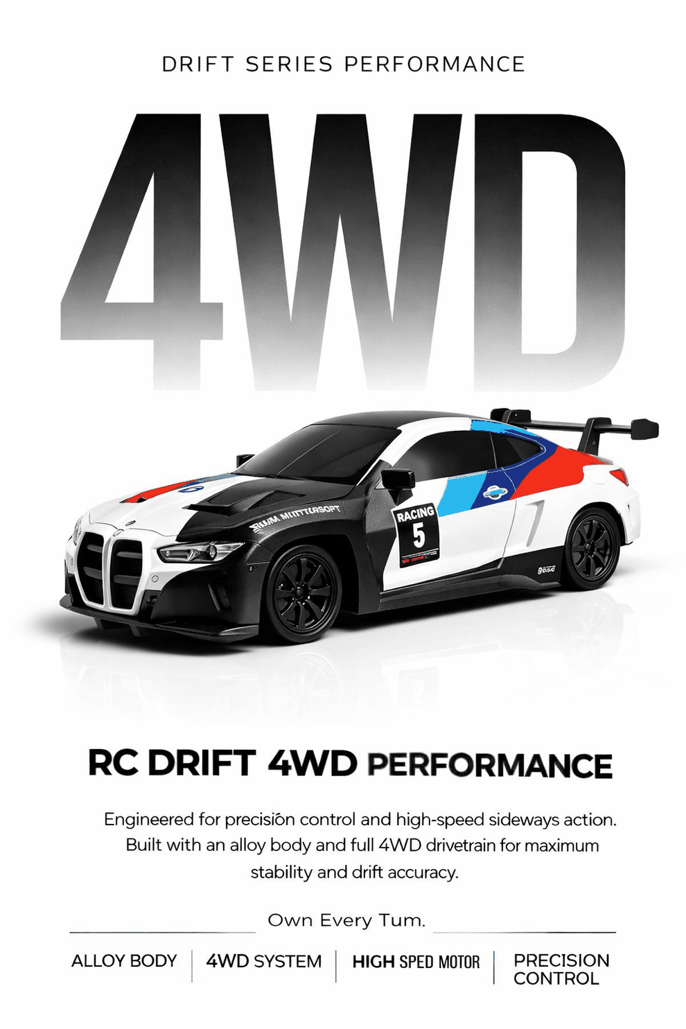 1:43 4WD Gyro RC Drift Car — BMW M4 Racing Livery (Alloy, LED) — Gyroscope