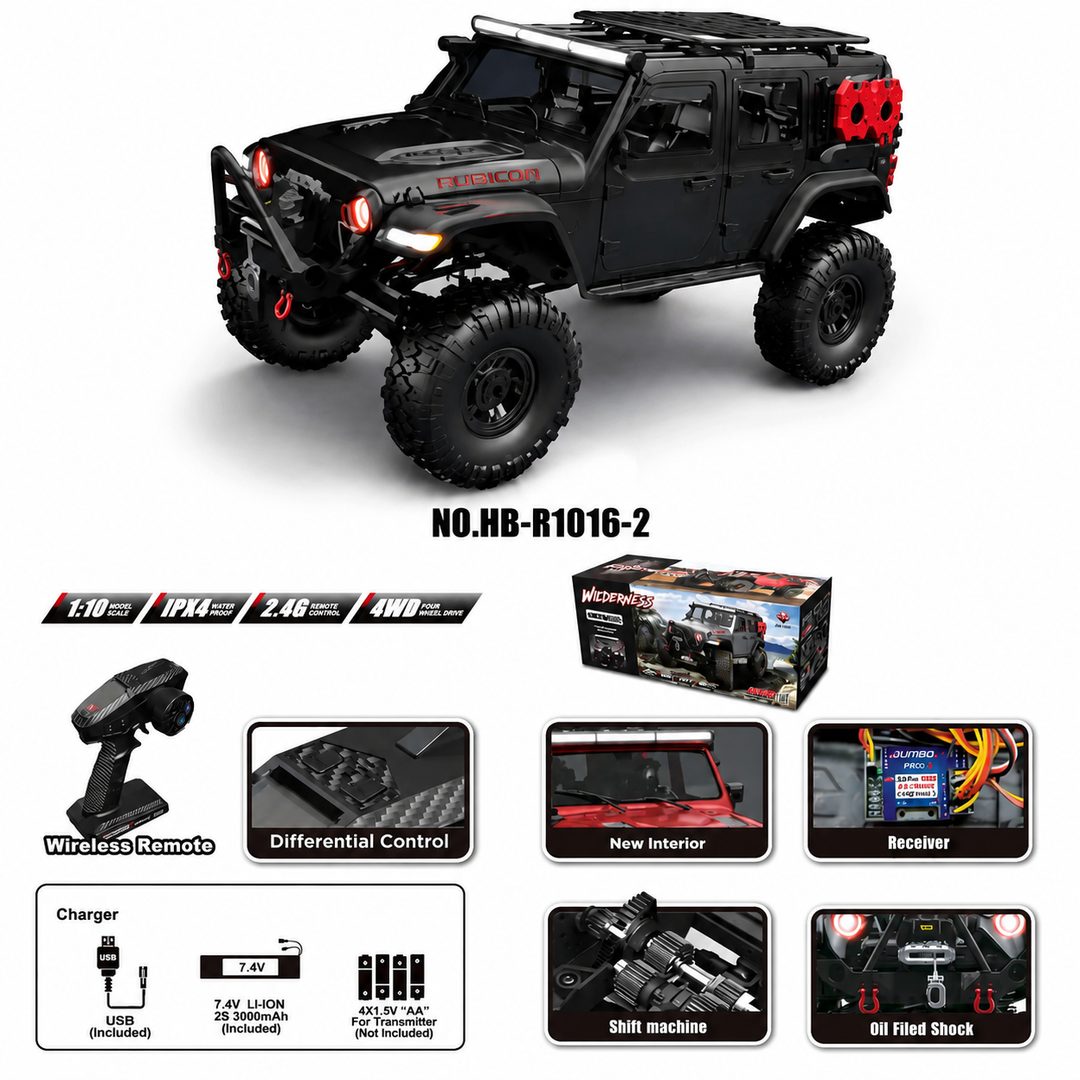 HB Toys R1016-2 1:10 Jeep Rubicon 4WD RC Rock Crawler — Winch, Diff Locks, 2-Speed (RTR)