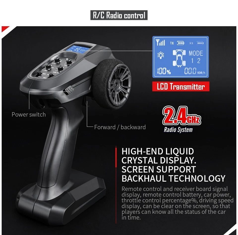 HOSHI N518 Raptor II 1:8 4WD Brushless RC Monster Truck — 100 km/h, 3670 Motor — LCD telemetry transmitter — signal, battery, throttle %, live speed