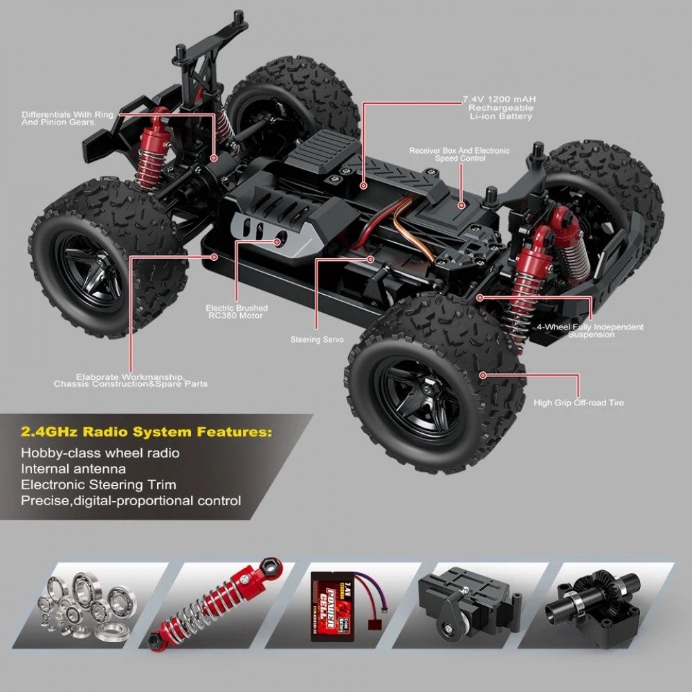 HOSPEED Storm HS18301 1:18 4WD RC Monster Truck — 36 km/h, LED (RTR) — Differentials with pinion gears