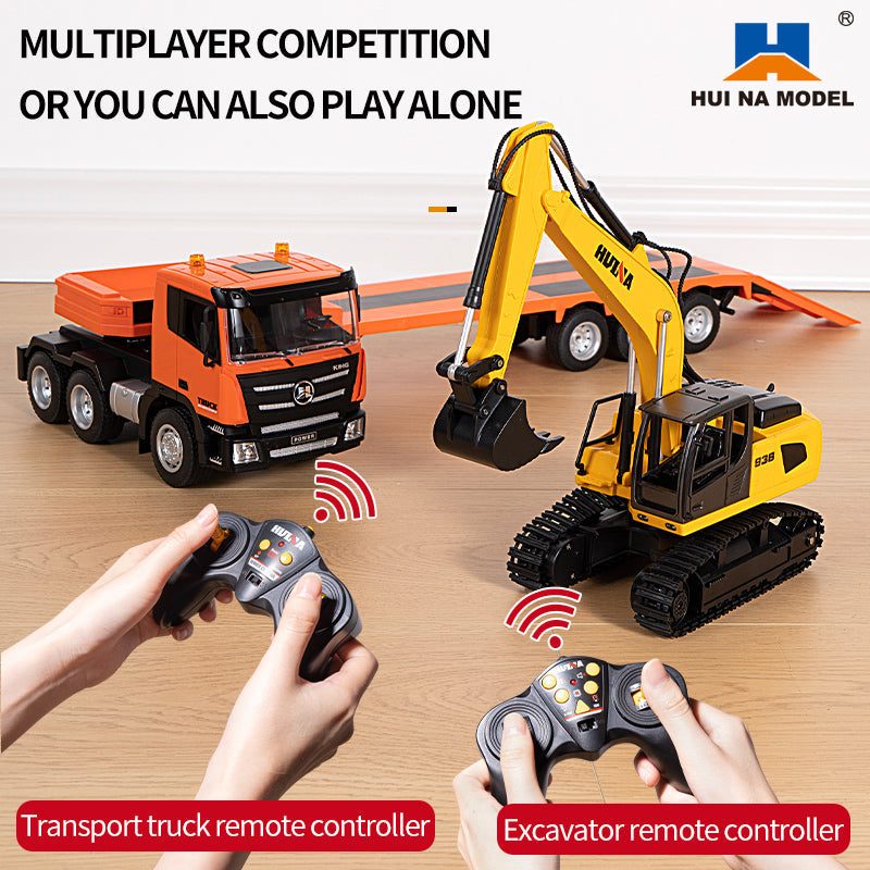 Huina 1319 1:18 RC Heavy Transporter + Excavator Set (RTR) — 1:18 scale heavy transporter with flatbed trailer