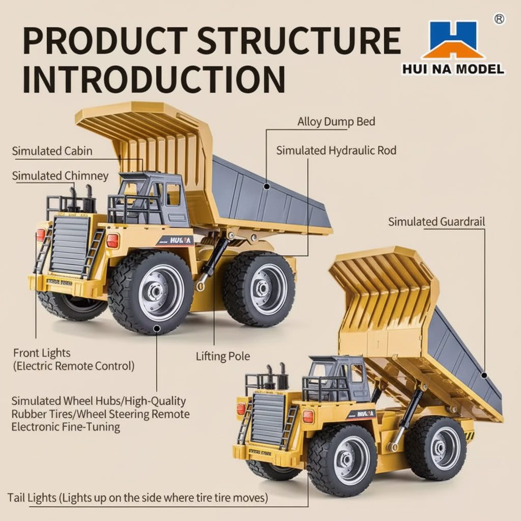 Huina 1533 1:18 RC Dump Truck — 9CH Semi-Alloy, One-Button Tipper — Alloy dump bed