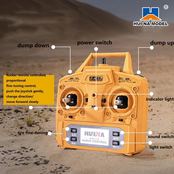 Huina 1536 1:14 RC Dump Truck — 8x4 Heavy Hauler, Full-Function Radio — Full-function radio