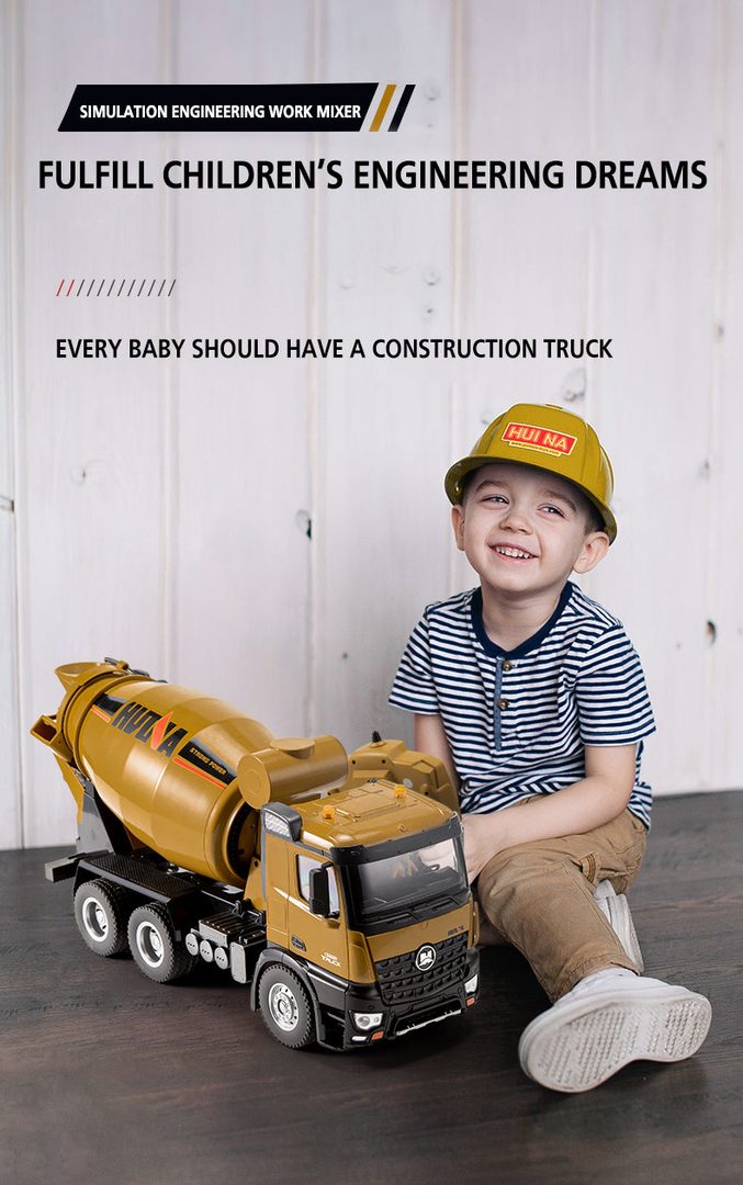 Huina 1574 1:14 RC Concrete Mixer Truck — Rotating Drum (RTR) — Tilting discharge chute