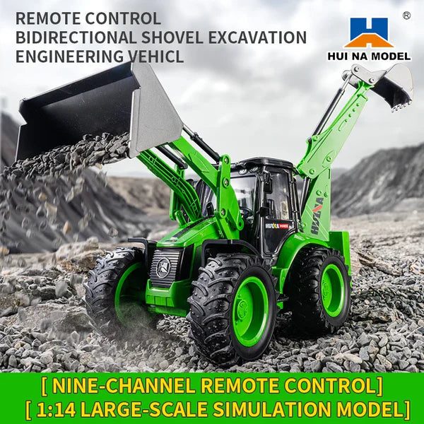 Huina 1579 1:14 RC Backhoe Loader — 9CH, RC Front Shovel + Manual Rear Arm — 1:14 scale