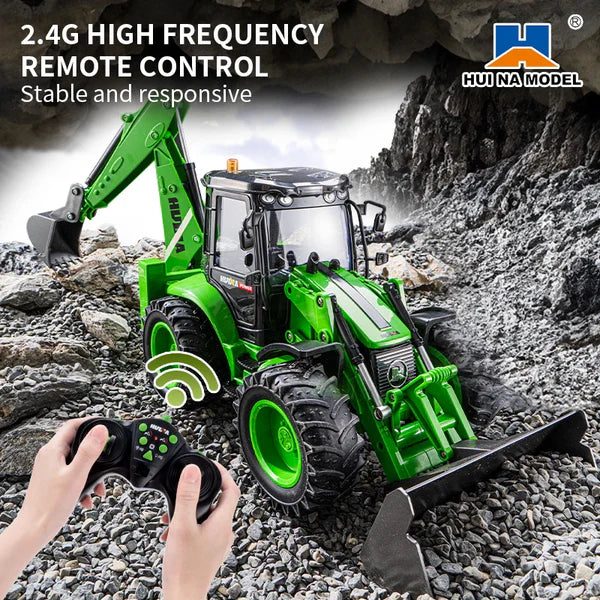 Huina 1579 1:14 RC Backhoe Loader — 9CH, RC Front Shovel + Manual Rear Arm — RC front loader bucket