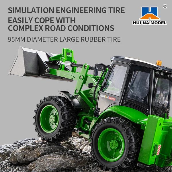 Huina 1579 1:14 RC Backhoe Loader — 9CH, RC Front Shovel + Manual Rear Arm — Manual rear digging arm