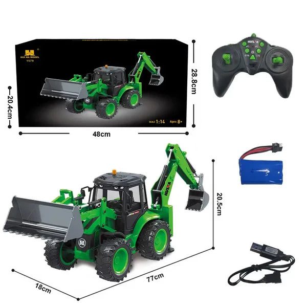 Huina 1579 1:14 RC Backhoe Loader — 9CH, RC Front Shovel + Manual Rear Arm — 380mm arm span
