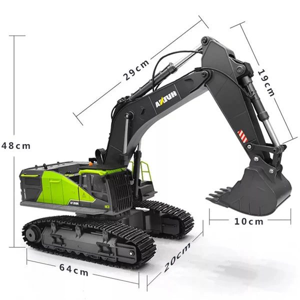 Huina 1593 1:14 RC Excavator Green — 22CH Metal Gear, Lead-Screw Digging — 22 channel