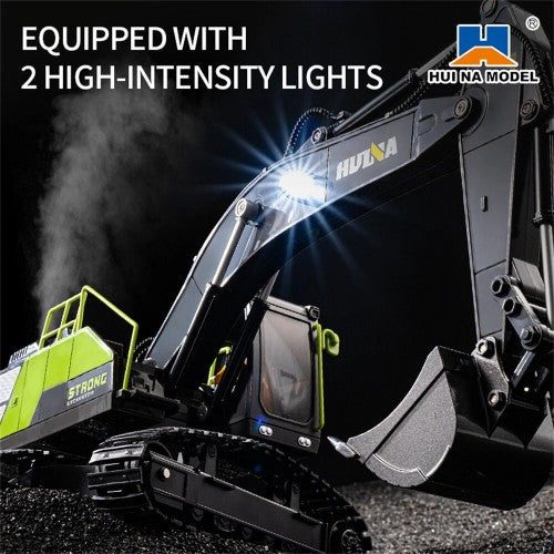 Huina 1661 1:18 RC Excavator — 680° Rotation, Rubber Tracks, LED + Sound — 680° cab rotation