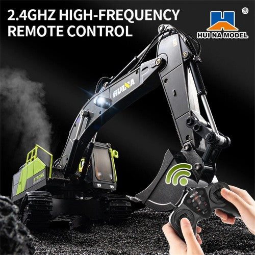 Huina 1661 1:18 RC Excavator — 680° Rotation, Rubber Tracks, LED + Sound — Independent boom, arm and bucket