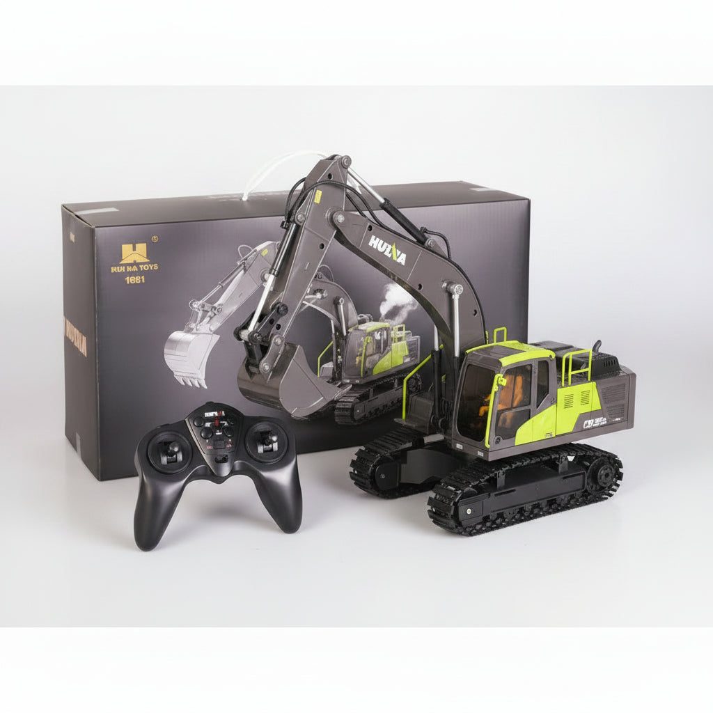 Huina 1661 1:18 RC Excavator — 680° Rotation, Rubber Tracks, LED + Sound — Rubber tracks