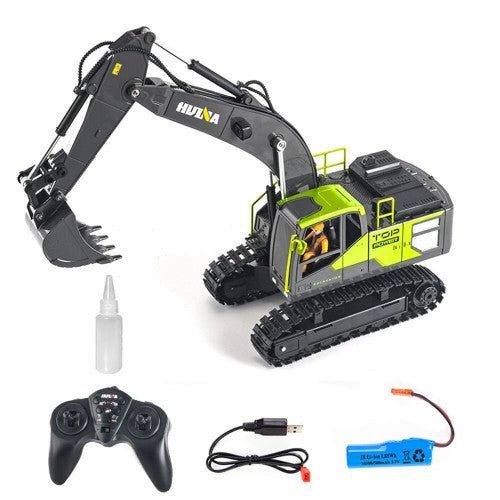 Huina 1661 1:18 RC Excavator — 680° Rotation, Rubber Tracks, LED + Sound — LED + sound