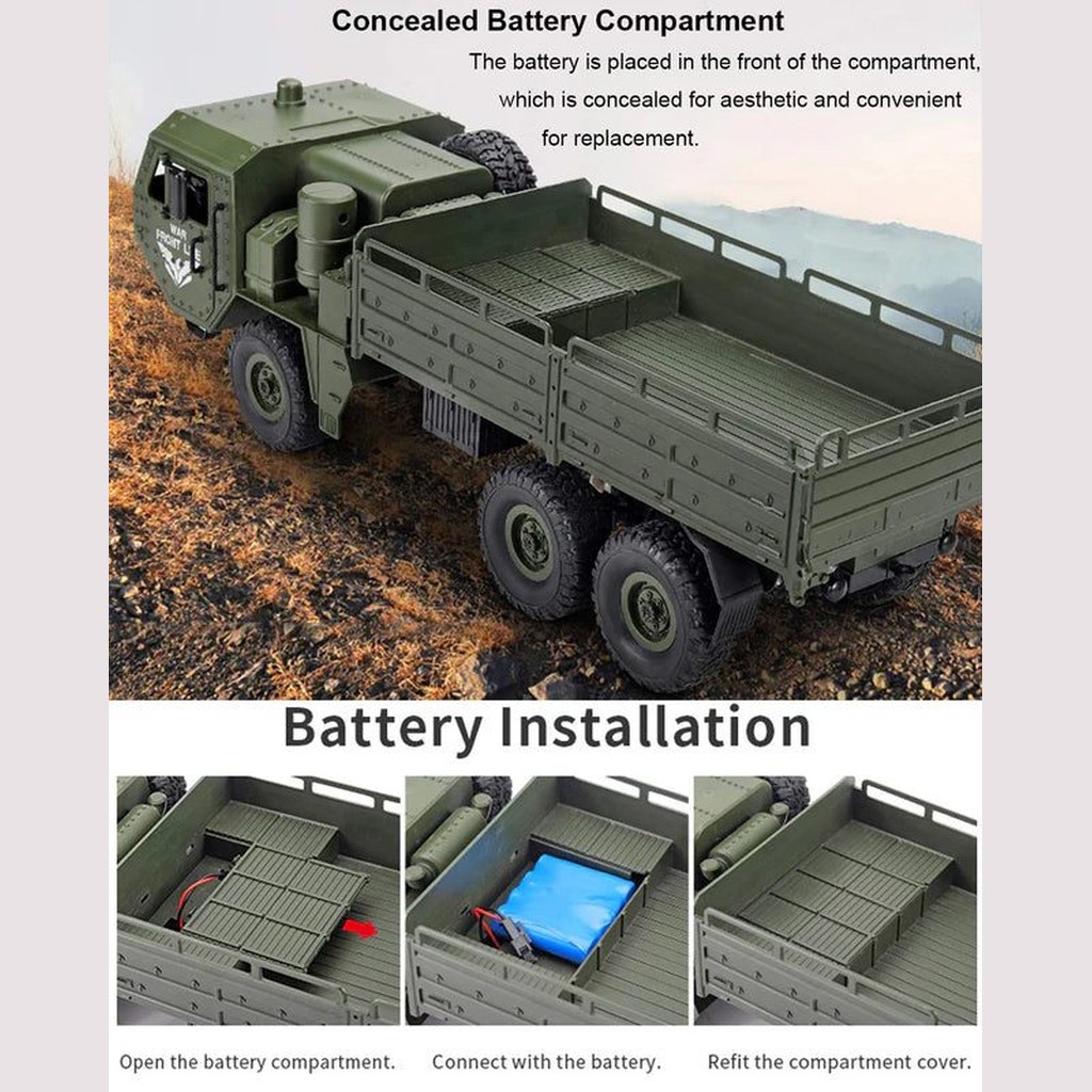 JJRC Q75 1:16 6WD RC Military Transport Truck — Triple Diffs, LED (RTR) — 6WD — six driven wheels