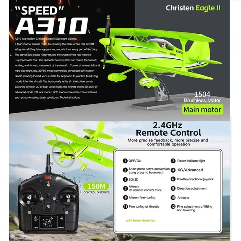 WLtoys XK A310 Christen Eagle II 4-CH Brushless RC Biplane (RTF) — 6G/3D